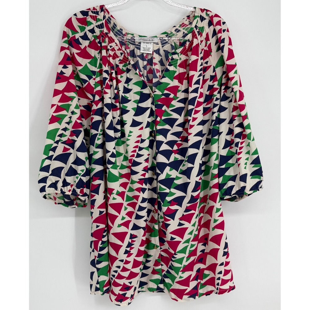 Chelsea Studio Womens Geometric‎ Smocked Tunic Blouse 3/4 Sleeve Pink Green Sz L